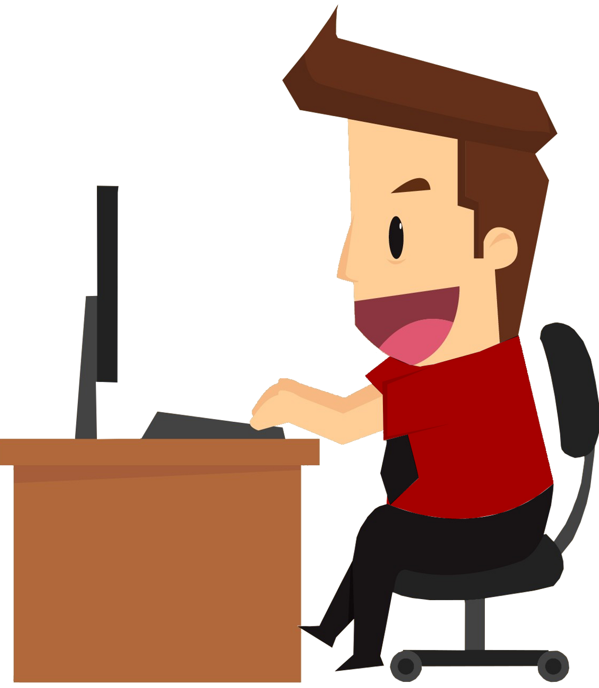 Cartoonfigur mit rotem Hemd sitzt freudig vor dem PC